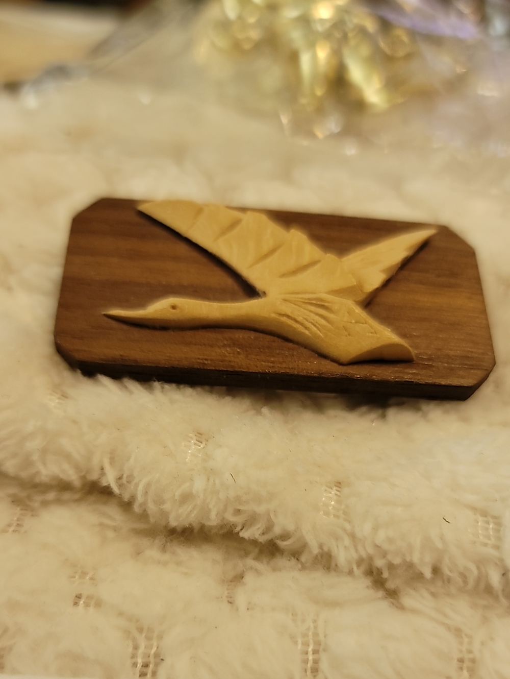 Carved Flying Canadian Goose Brooch - Wood Cream Inlay (48)